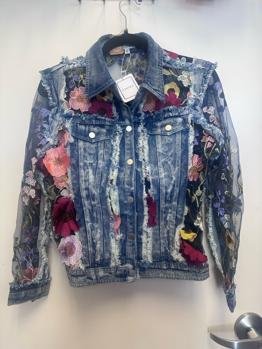 Adore Blue Denim Jacket with Multicolor Floral Embroidery